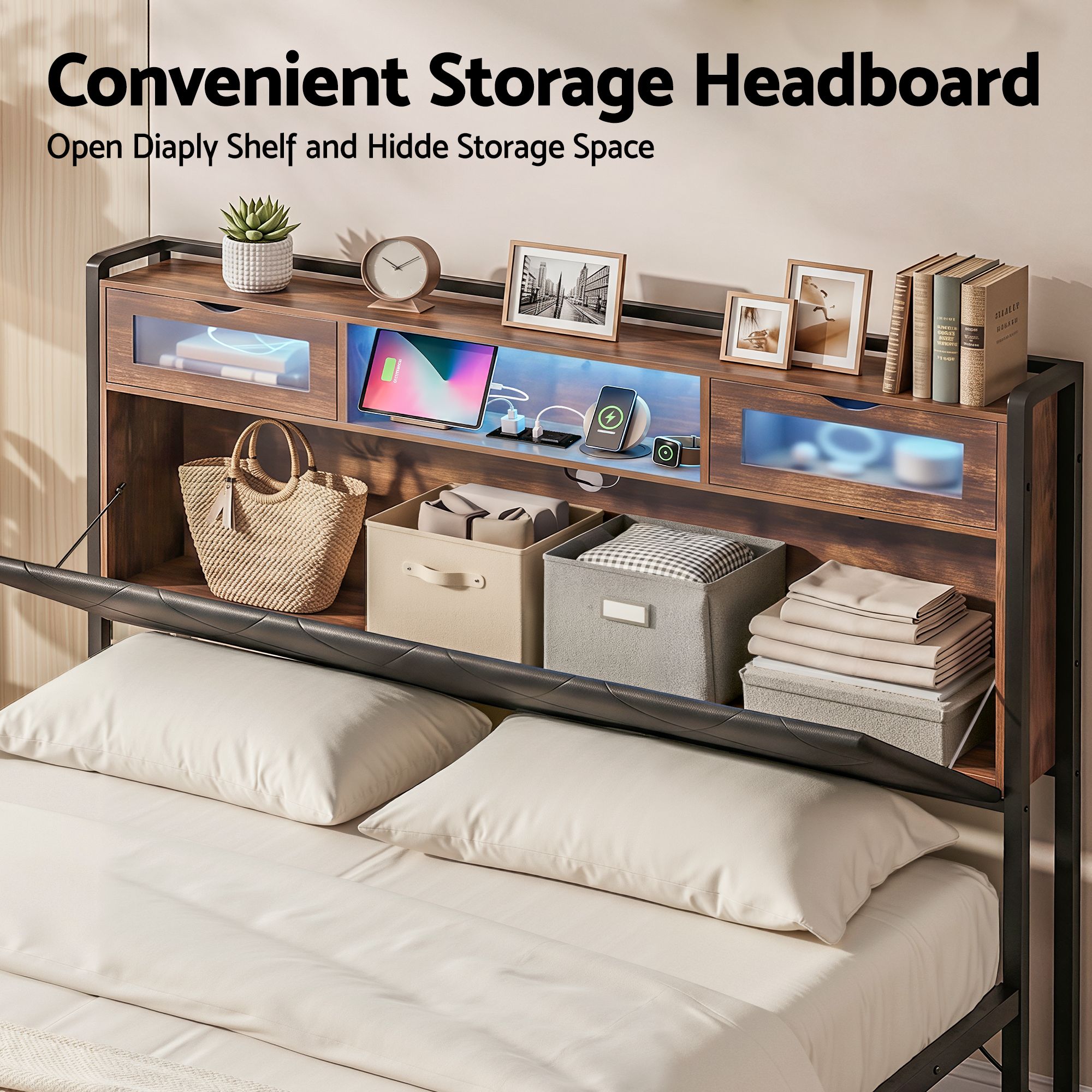 Artiss King Bed Frame with LED Lights and Storage Headboard Charging Station — image 5