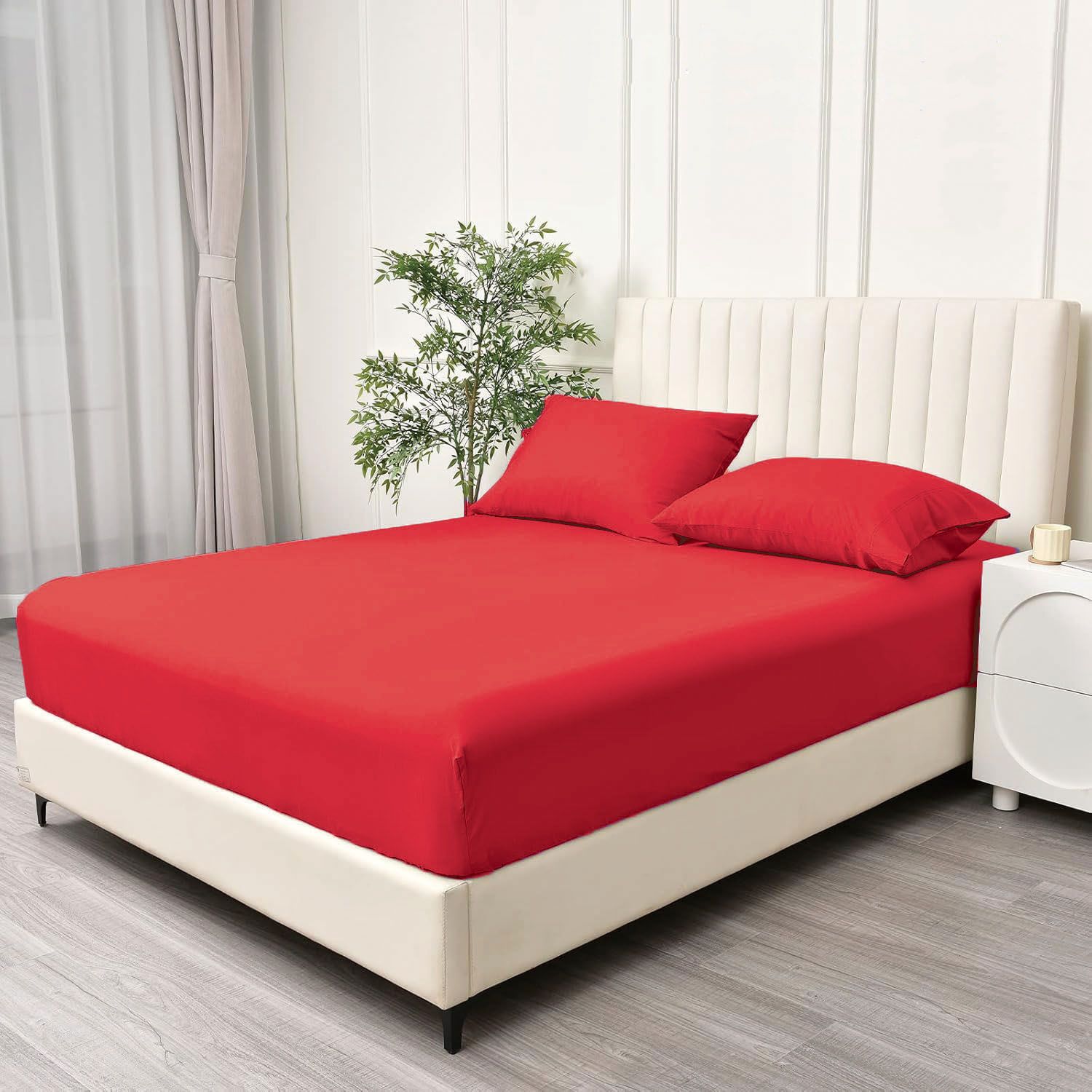3 Piece Fitted Sheet Set- Fitted Sheet & Pillowcases -Breathable Bedding - Wrinkle, Fade, Stain Resistant- 40cm Deep Pocket Fitted Bed Sheet Set(Red,King) — image 2