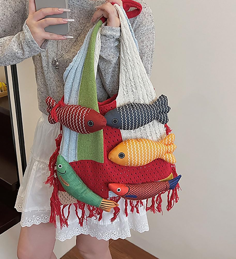 Boho Knit Tote Bag with 3D Fish Applique – Patchwork Shoulder Bag for Women, Beach, Travel & Daily Use – Soft Fringe Design (Red) — image 2