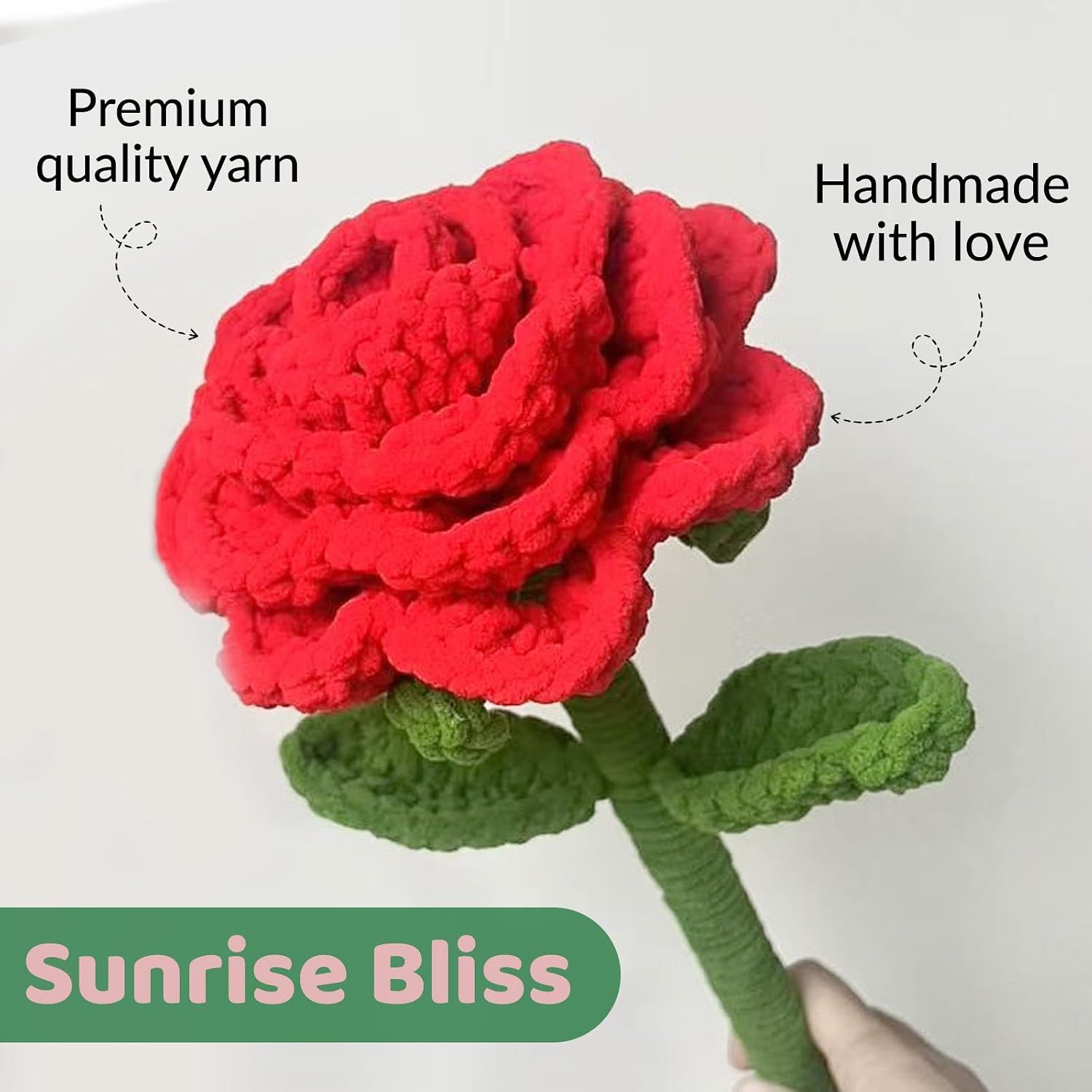 Handmade Crochet Rose, 18" Tall & 6.7" Wide Knitted Flower Decor, Romantic Gift for Her, Him & Self-Care, Durable Yarn Decoration — image 4