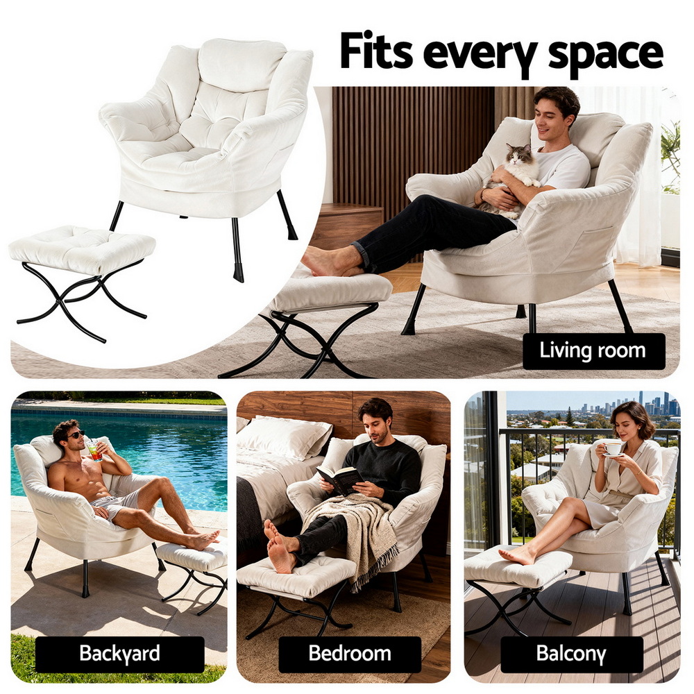 Artiss Armchair Accent Chair Ottoman Lounge Footrest Velvet White — image 6