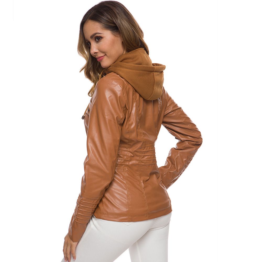 Women PU Leather Jacket Solid Zipper Hooded Streetwear Coffee 7XL โ image 5