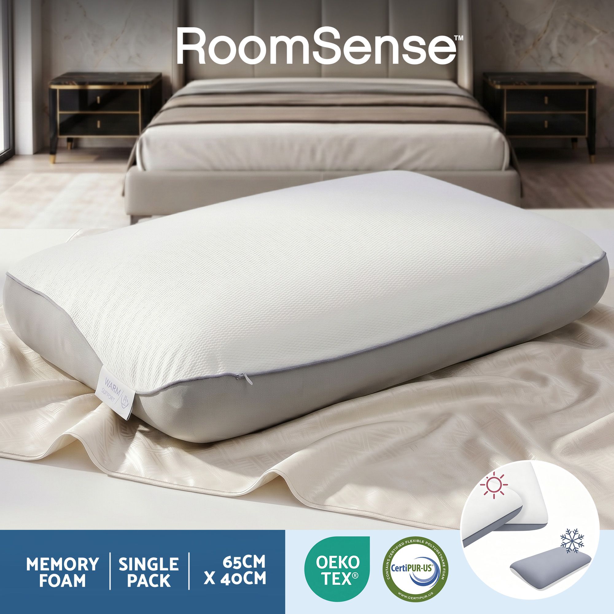 RoomSense Cooling Memory Foam Pillows Queen Size 1 Pack, Dual-Sided Bed Pillows for Hot Sleepers, 55D Solid Core Side Sleeper Pillow for Neck Support