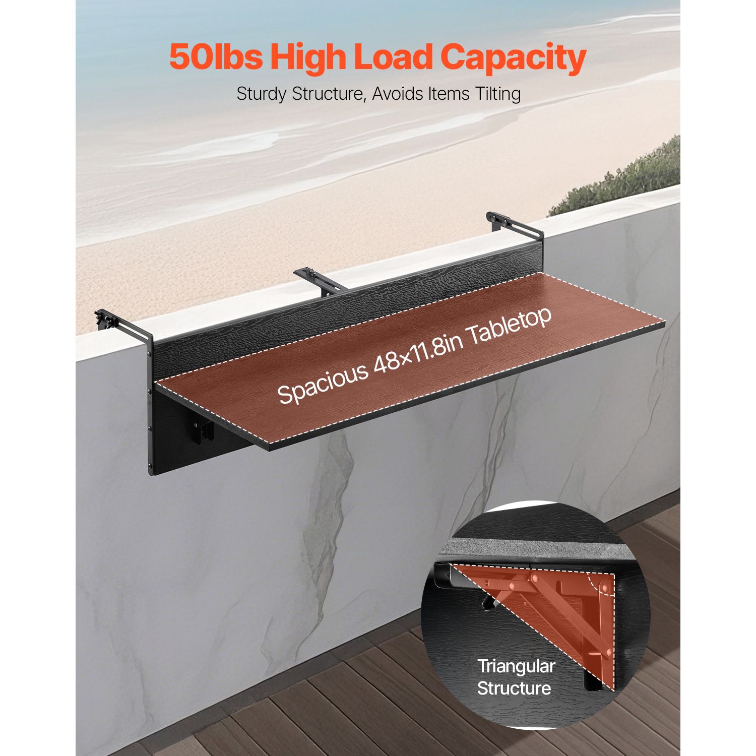 Balcony Hanging Table, 12 x 48 in Folding Balcony Railing Table, Outdoor Balcony Bar Table for Railings, 50 lbs Loading, Fit Railing from 1" to 4.3", Serving — image 3