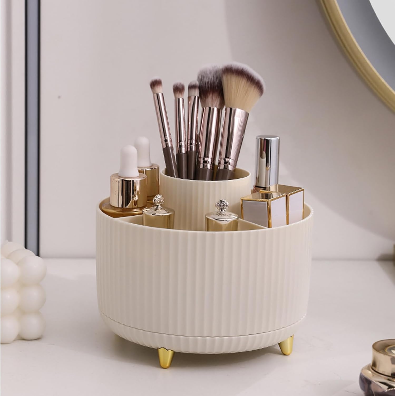 Makeup Brush Holder Organizer,360° Rotating Make up Organizer Storage,5 Slot Makeup Brushes Cup,for Vanity Decor,Bathroom Countertops,Desk Storage