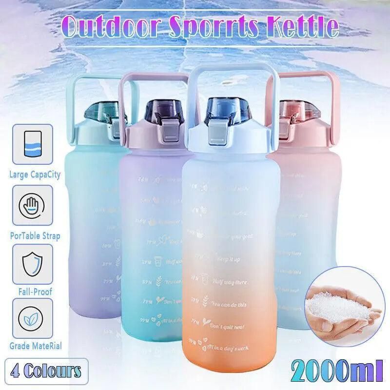 2L Large Water Bottle Straw Time Gradient Cup Fitness Jugs Sport Gym Training - Blue — image 2