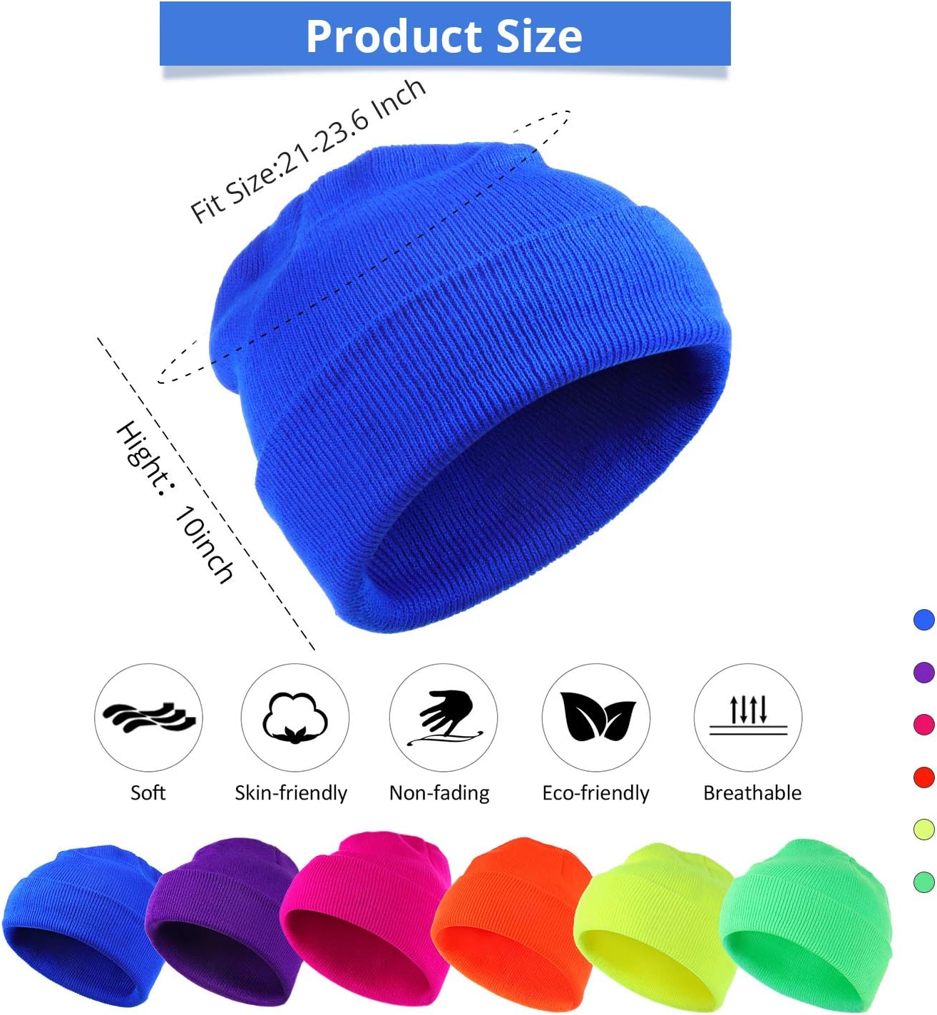 6 Pieces Neon Beanie Hat Acrylic Watch Winter Hat Plain Knit Long Skullcap Fisherman Beanie Unisex, Medium โ image 2