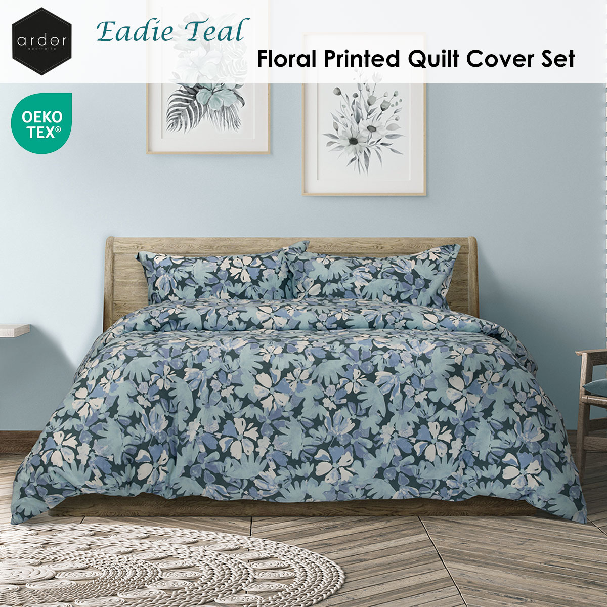 Ardor Eadie Teal Floral Printed Quilt Cover Set King โ image 2