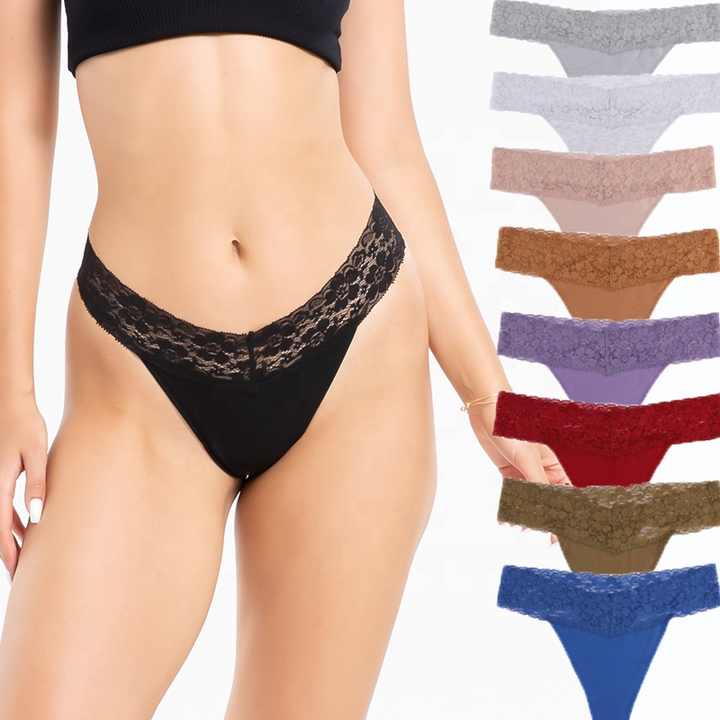 Size XL Lace-Trimmed Thong Underwear - 4-Pack in Whipster White,Sandstorm,Ecru Olive and Violet โ image 2