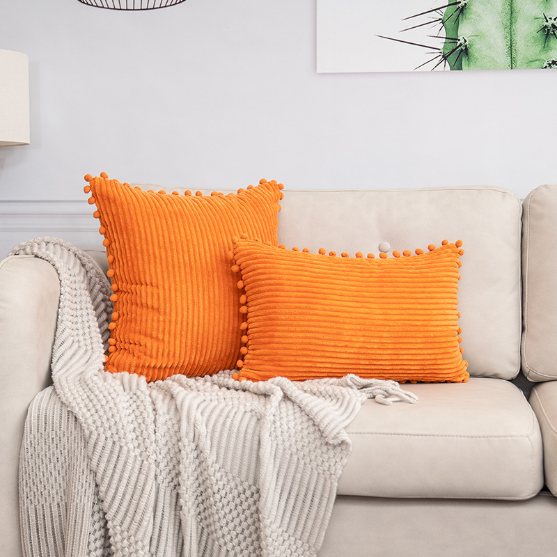 Orange Soft Corduroy Cushion Cover Set (1 Square + 1 Rectangular) with Pom Trim - Decorative Throw Pillow Cases for Sofa Couch