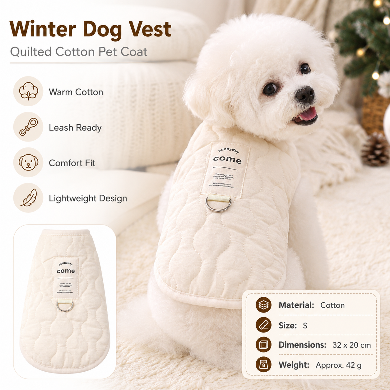Beige S Size 32x20cm Fleece-lined thickened dog vest - Cotton Fleece Lined Harness Compatible Winter Coat for Dogs Shed Control Outdoor Walks,Winter Pet