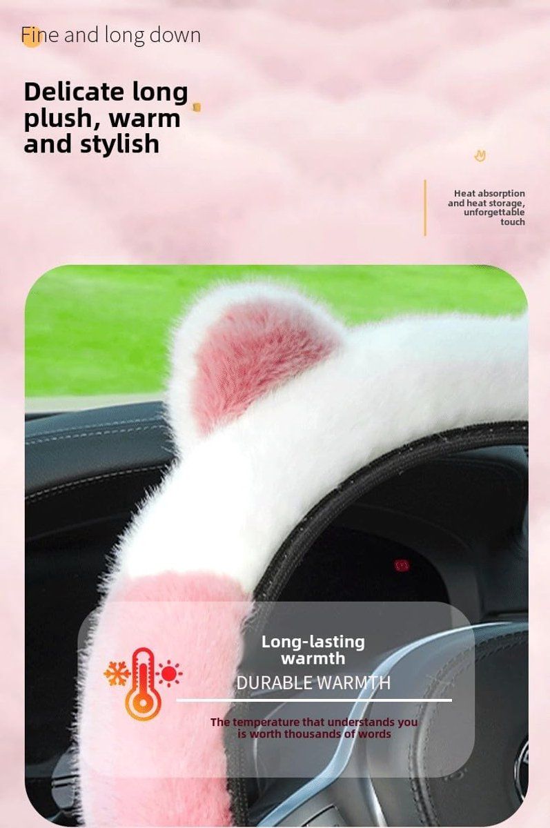 Winter Steering Wheel Cover, Plush Cat Ear Fleece Steering Wheel Warmer for Frost Protection and Soft Grip, 37-38 cm, White and Pink โ image 3