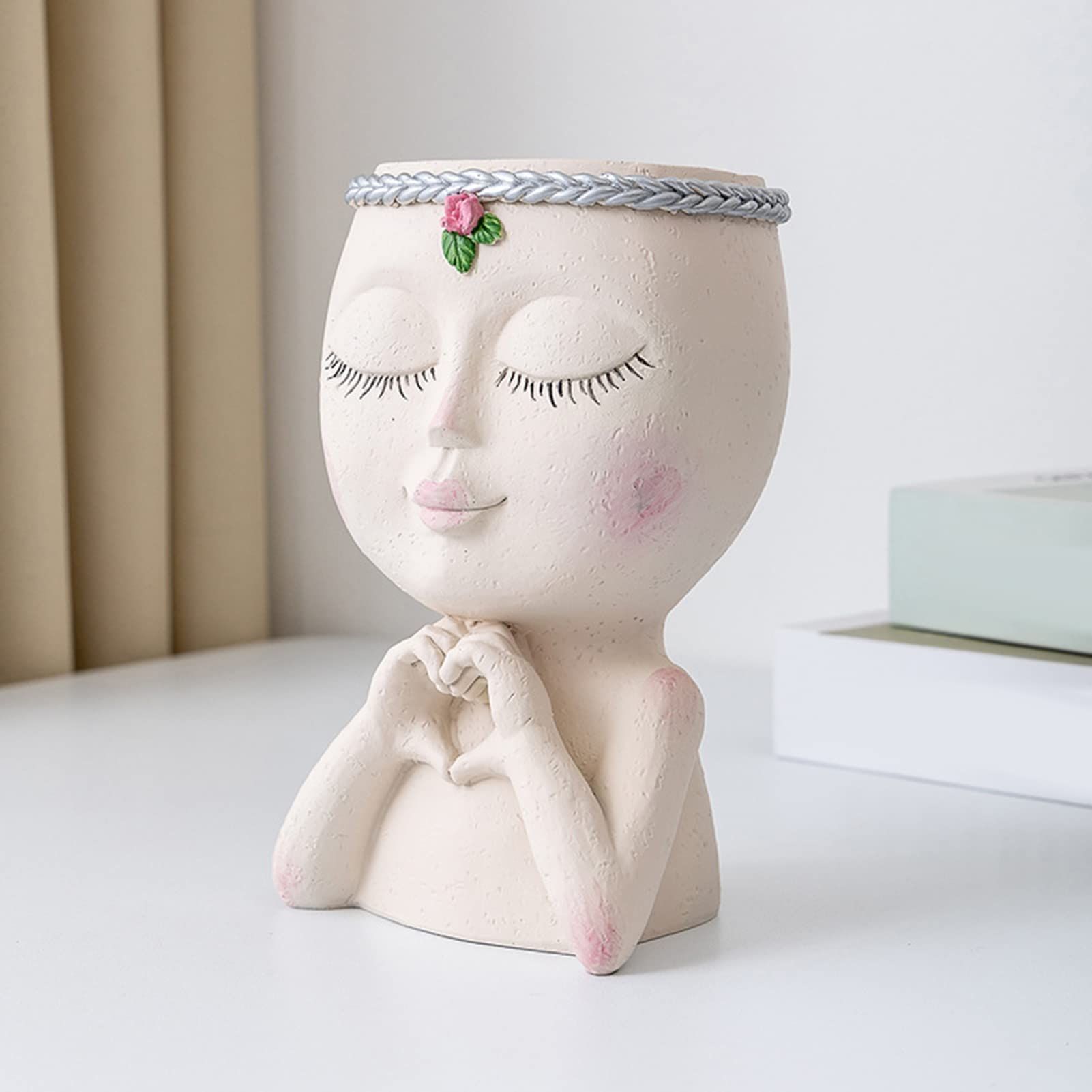 Face Planter Pot Face Flower Pots, Succulent Planter Little Girl Closed Eyes with Drainage Hole Face Nordic Sculpture White — image 4