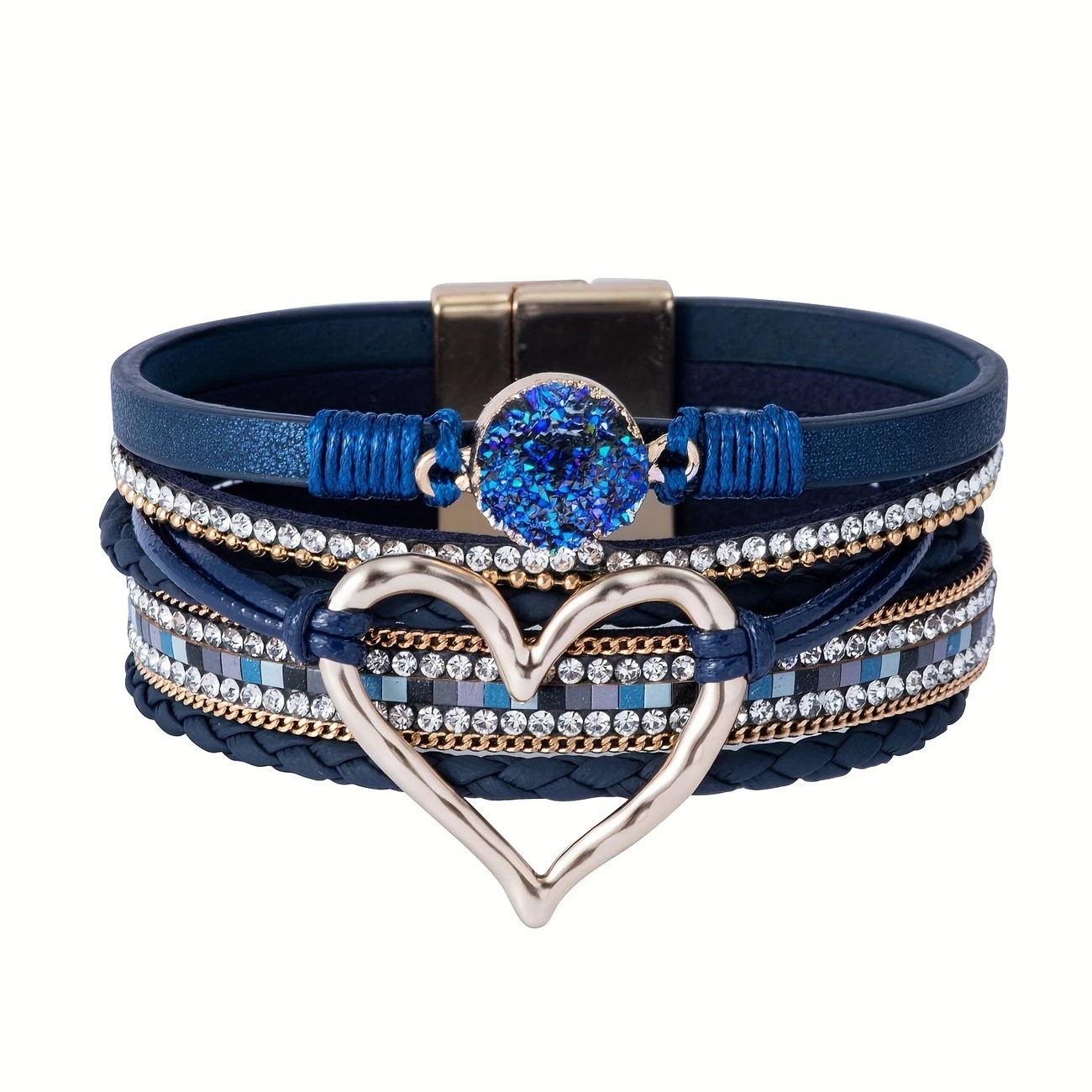 Bohemian Braided Leather Bracelet, Multi-layer Design with Metal and Crystal Accents, Rose Gold Square Clasp with Heart Crystal, Embodying Casual Romantic โ image 5