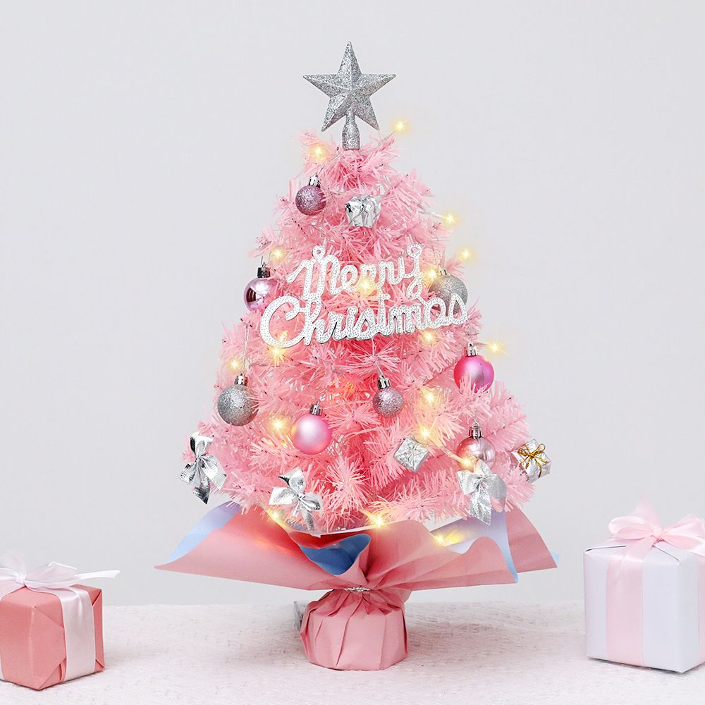 45cm Pink Mini Christmas Tree | Natural Log Base, Pink & Blue Wrapped Design, Star Topper, Letter Sign, Ornaments & Bows, Sweet Desktop Holiday Décor (No — image 3