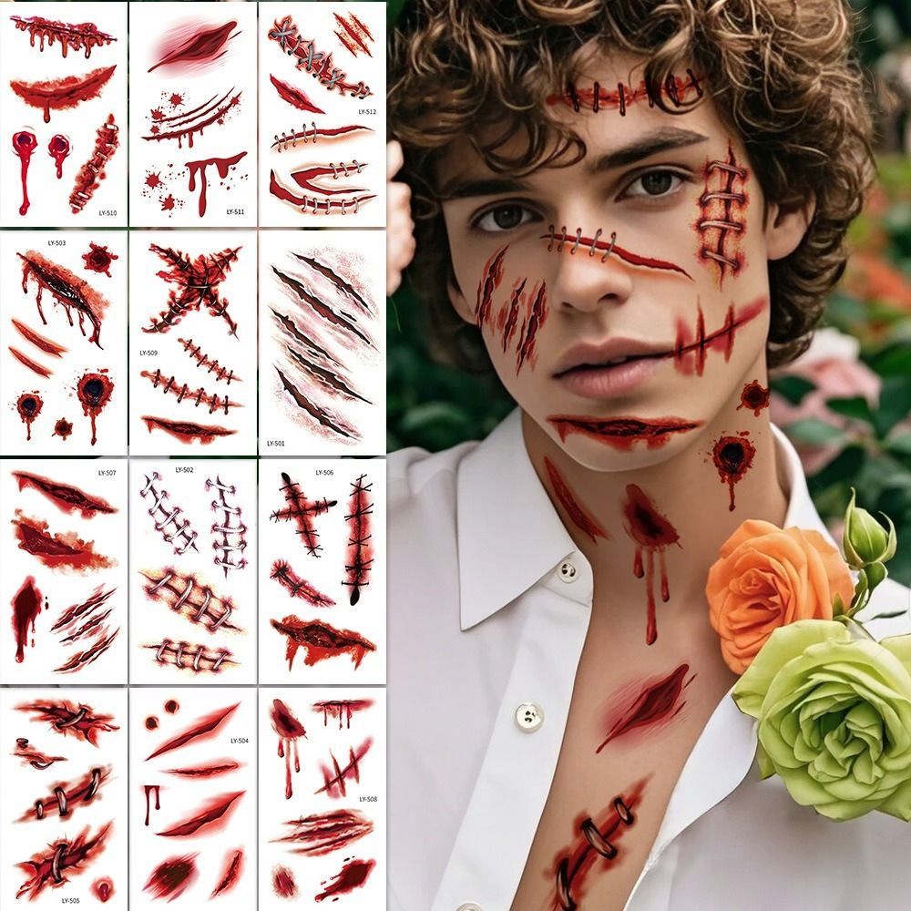 Halloween Tattoos 3D Temporary Tattoos Fake Wound Stickers Blood Wounds - Red - Size scarD-16pcs — image 2