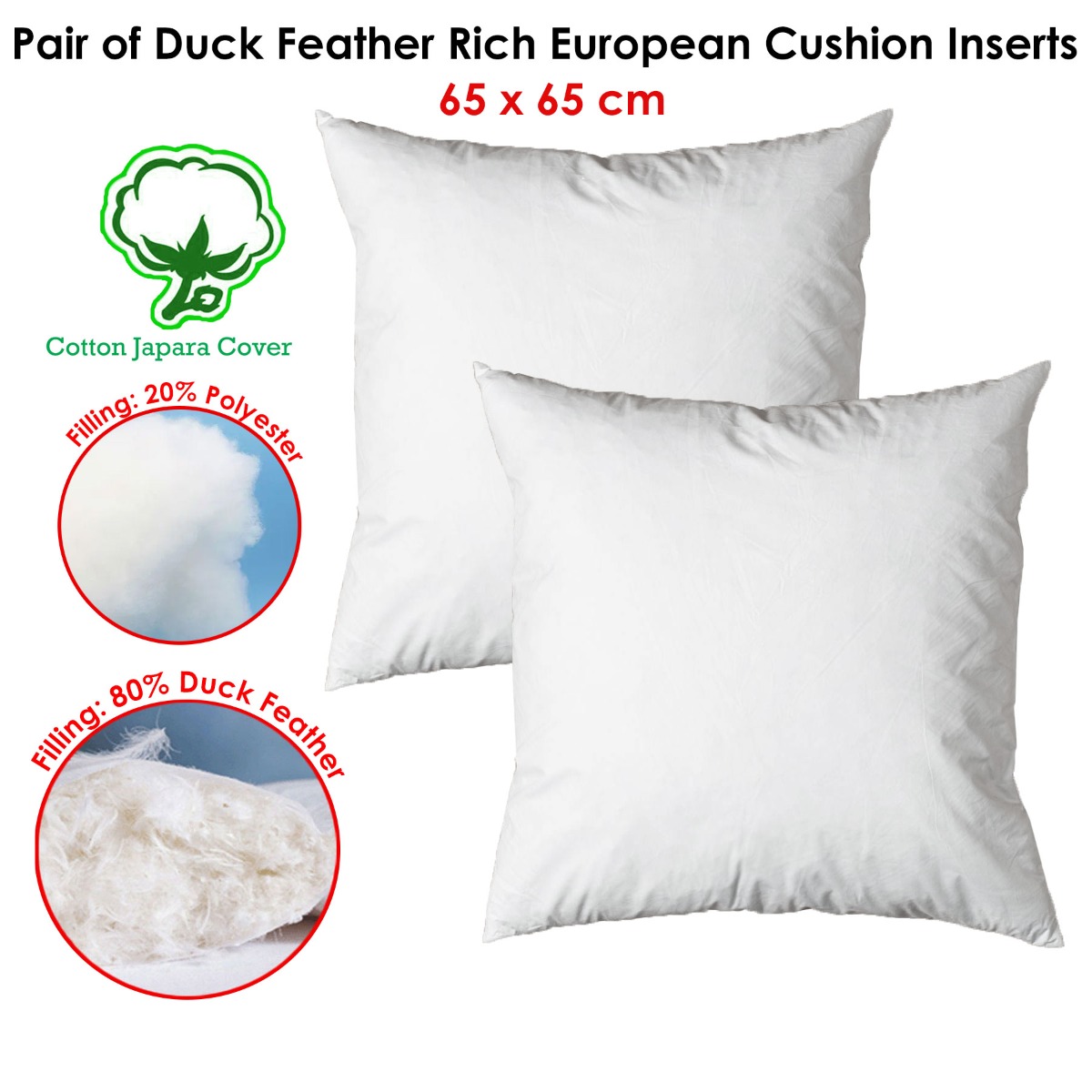 Pair of Duck Feather Rich Fill European Cushion Inserter 65 × 65 cm — image 2