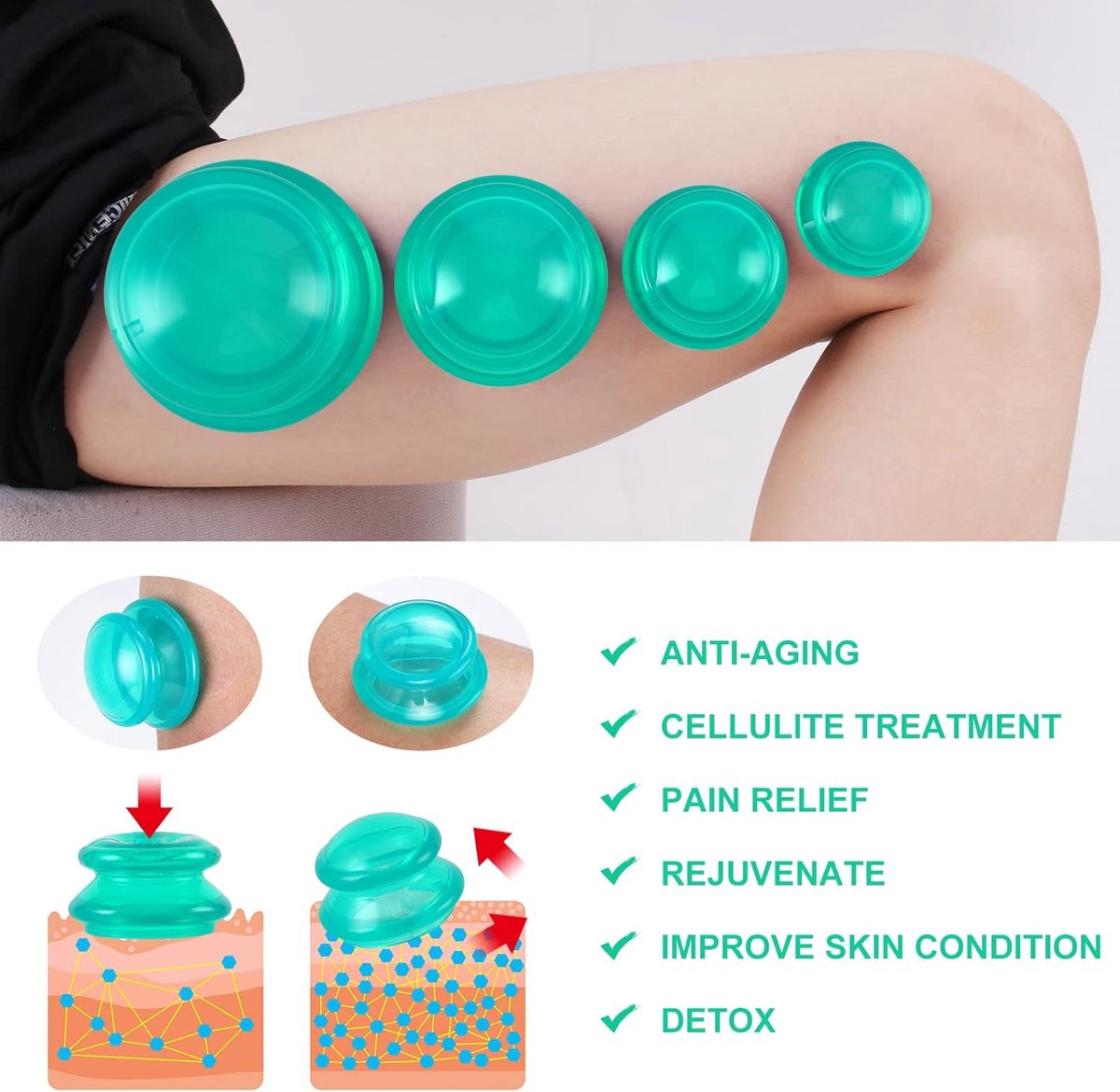 4 pieces silicone cups - Cupping Set - Cellulite Cups - Cupping For Cellulite - vacuum cup - For reducing cellulite anti-aging relieves pain and joints for โ image 4