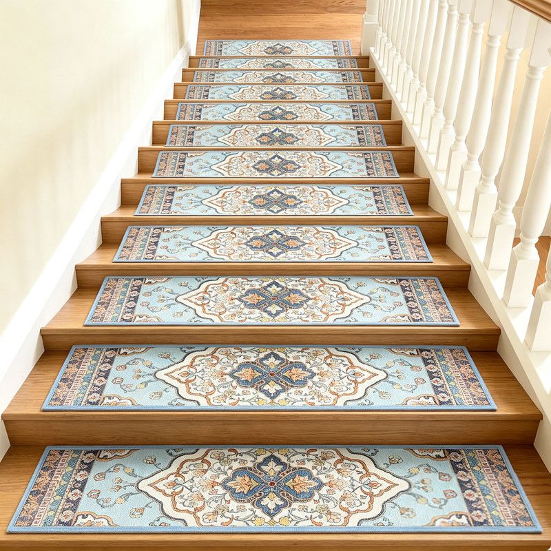 4 Pcs Blue Vintage Floral Non Slip Stair Treads, Adhesive Carpet Runners for Wooden Steps Pets and Seniors, 8 × 30 in — image 2