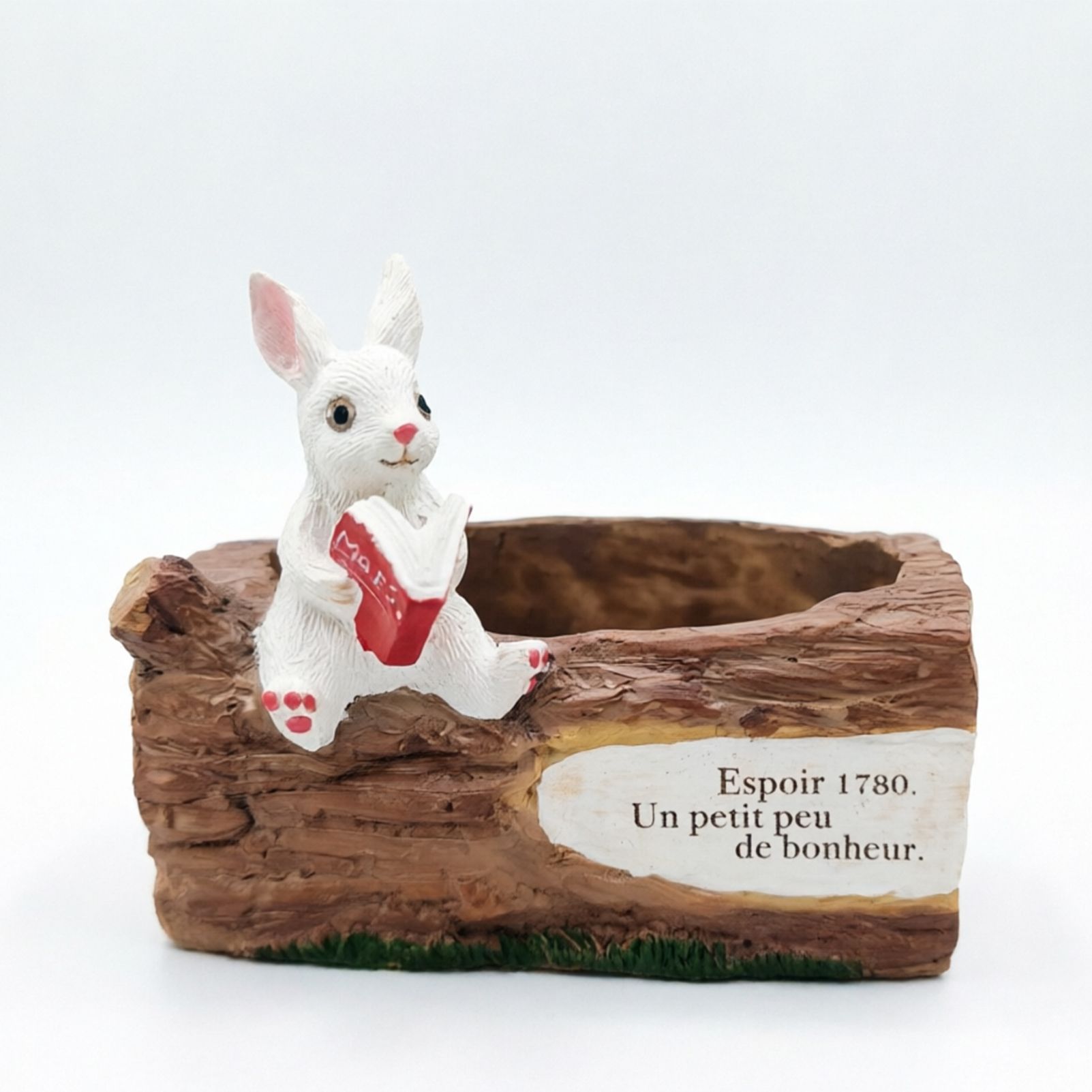 Whimsical Resin Bunny Planter - Cute Rabbit with Book on Tree Stump Design, Mini Succulent Pot for Indoor & Outdoor Garden Decor
