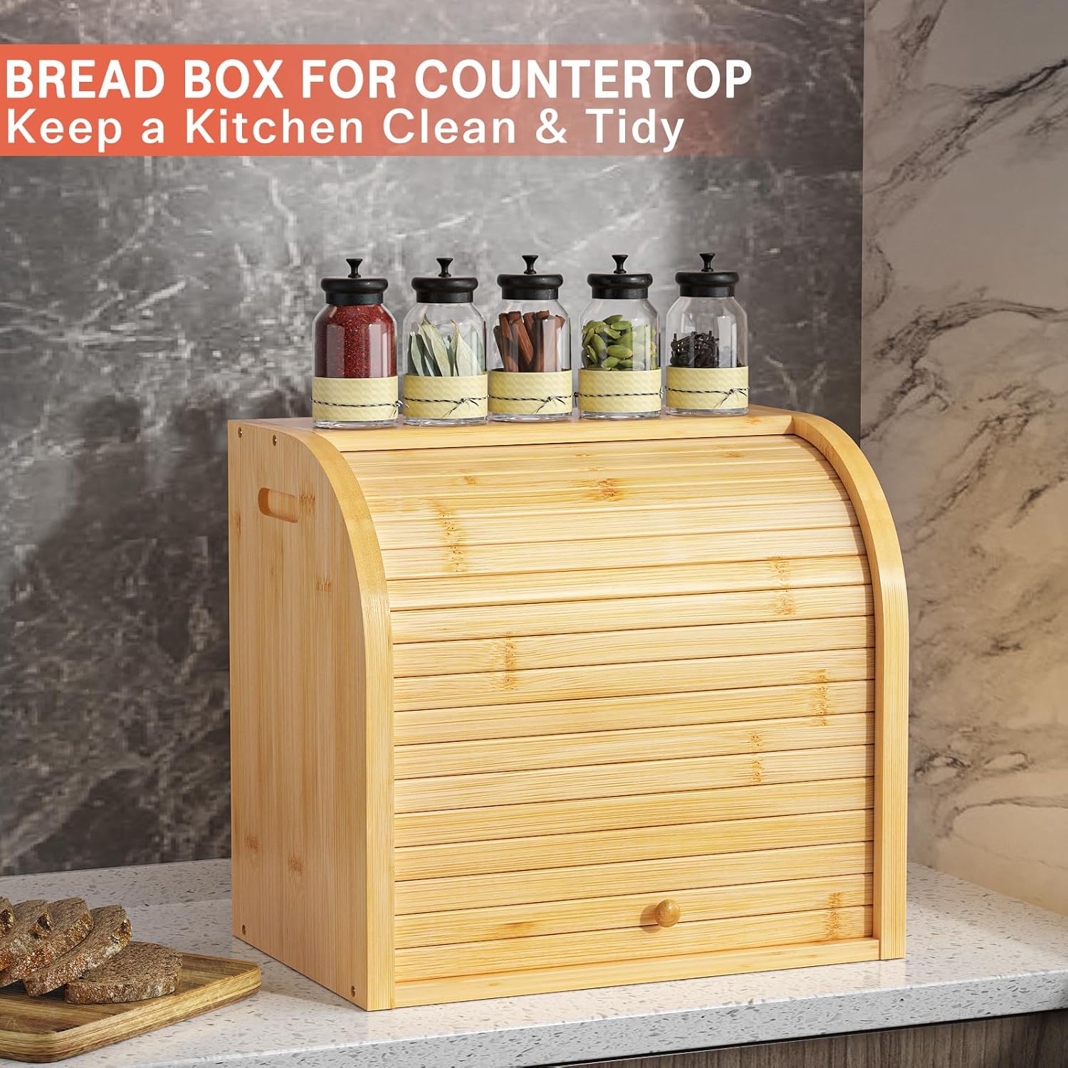 CARLA HOME Large Bamboo Bread Box Storage Organizer with Roll Top for Kitchen Counter — image 6
