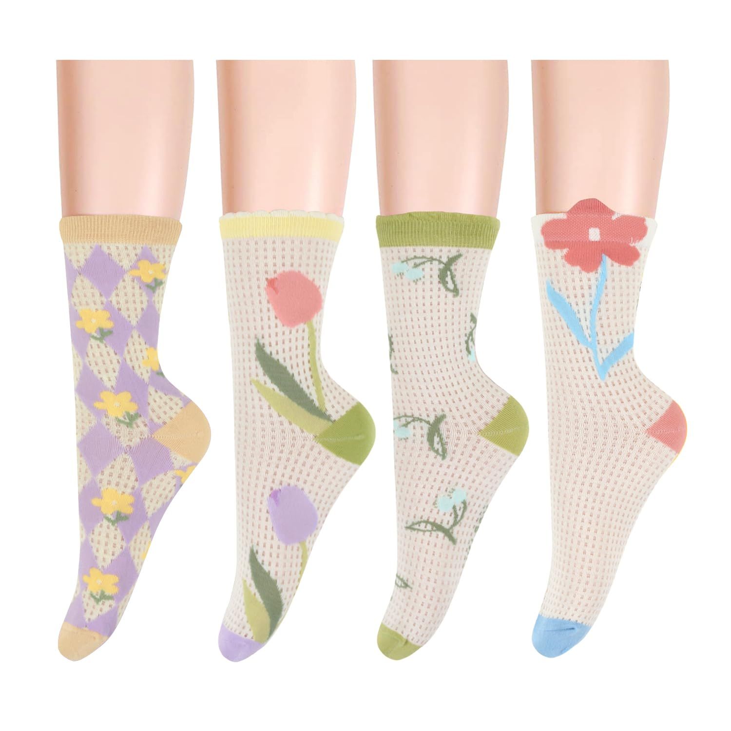 4 Pairs Sox Womens Novelty Funny Crew Socks Girls Cute Animal Colorful Floral Patterned Silly Funky Casual Cotton Socks — image 5