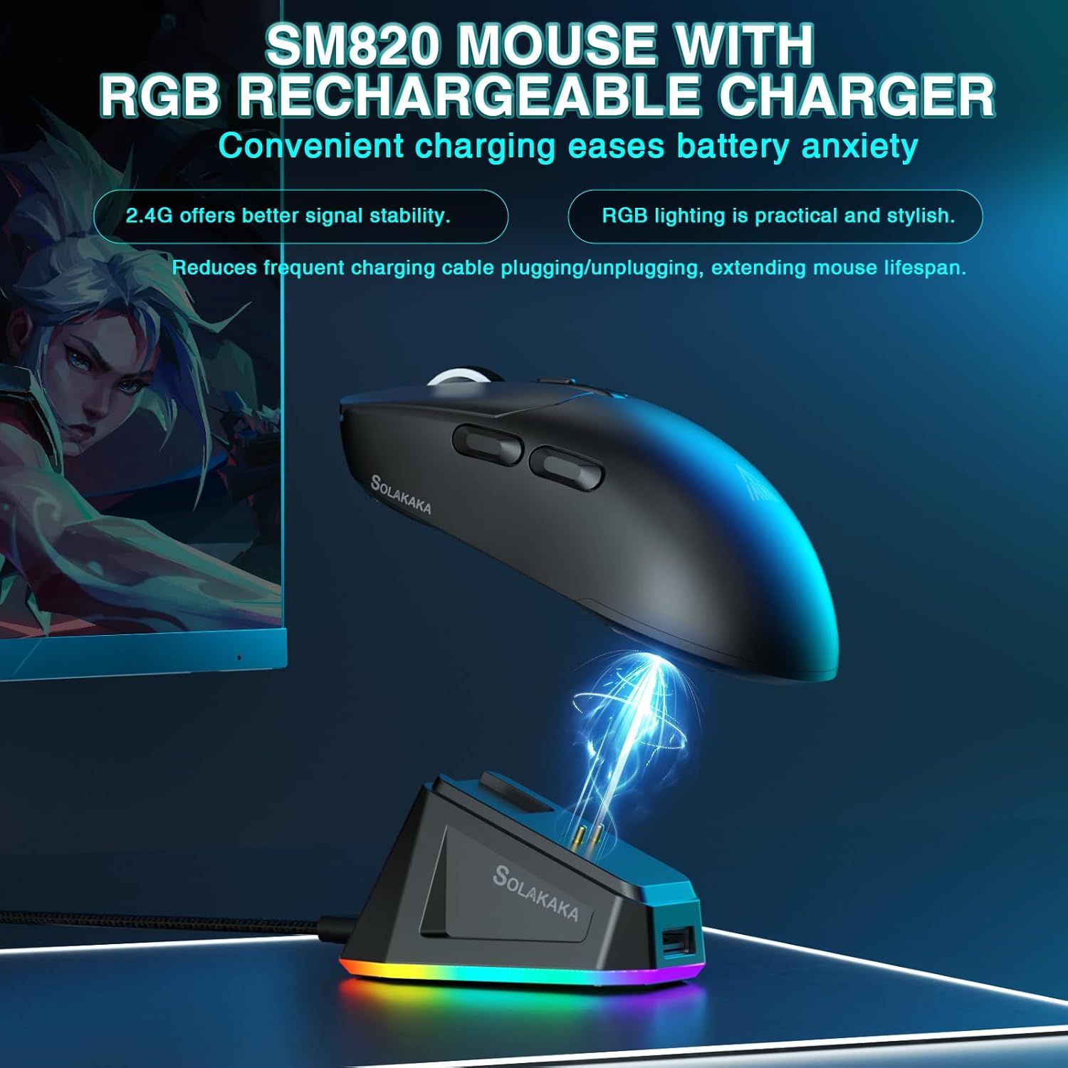 SOLAKAKA SM820 Wireless Gaming Mouse with RGB Charging Dock,24000 DPI Tri-Modes Wireless Mouse,black — image 3