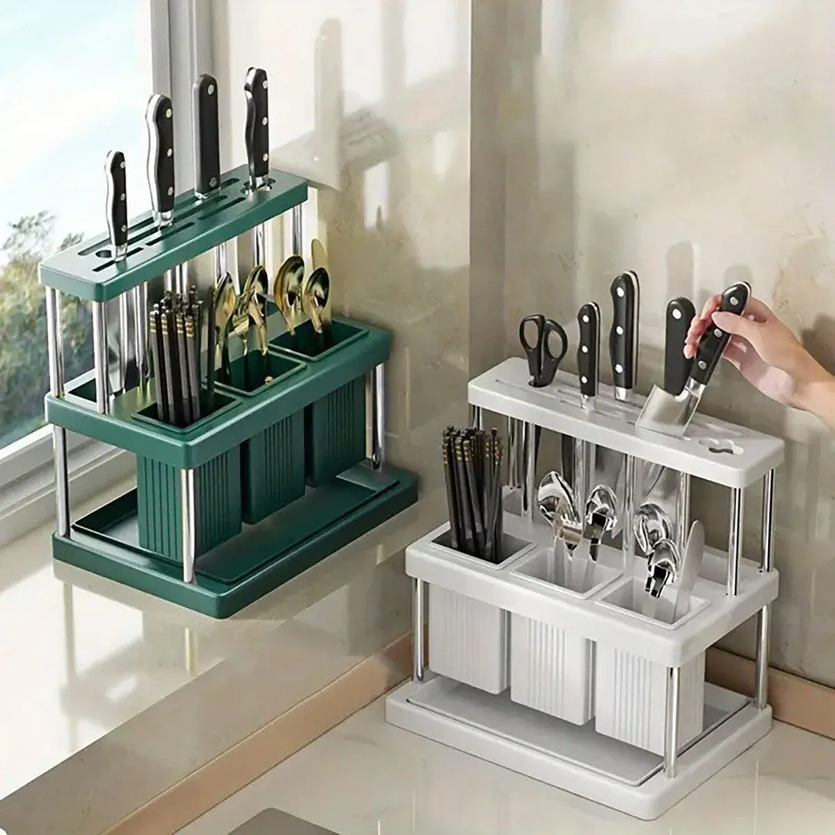 Cutlery Holder Storage Caddy Kitchen Utensil Drying Rack For Spoon Fork Knife - Green โ image 5