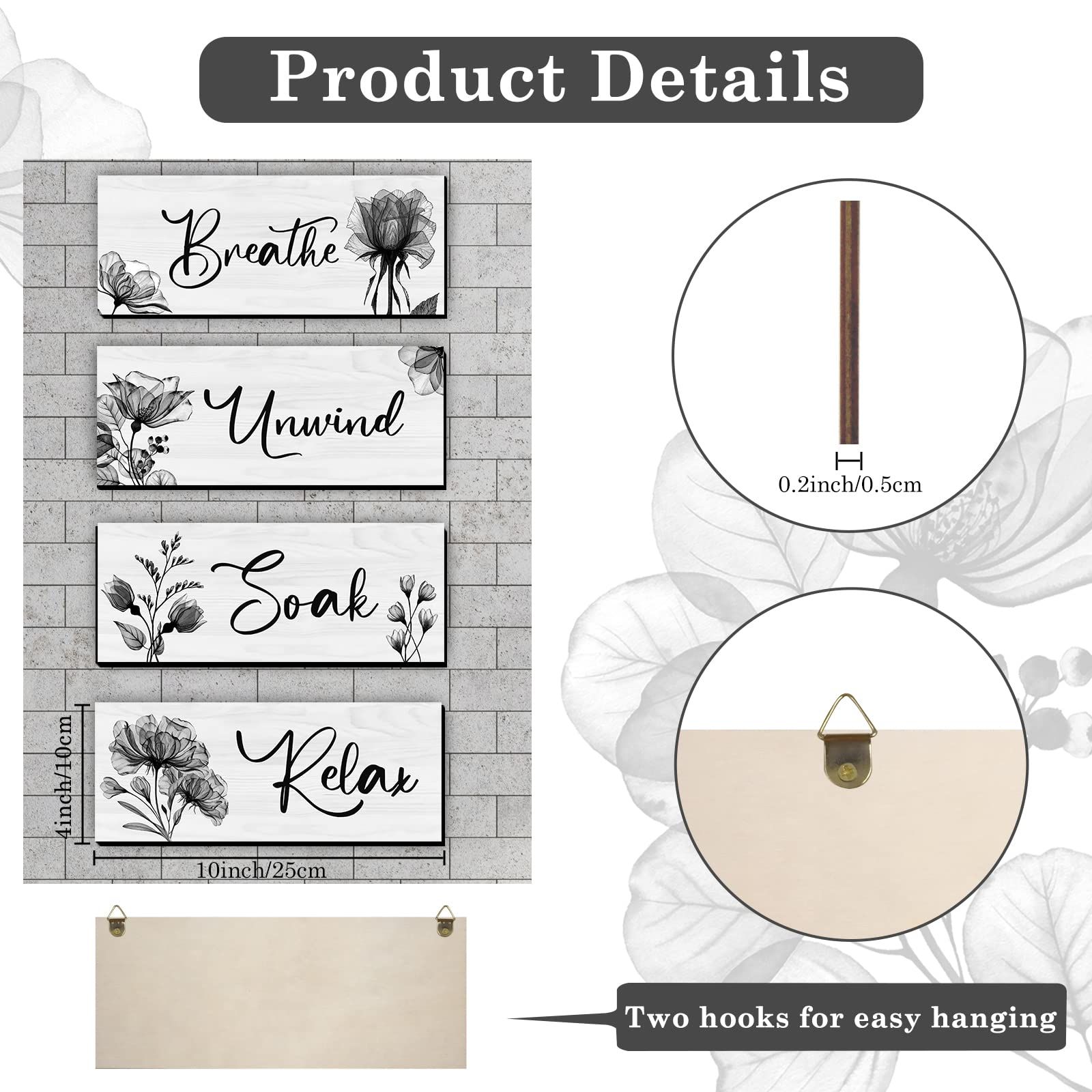 4 Pieces Bathroom Wall Art Rustic Farmhouse Decor Sign Relax Soak Unwind Breathe Wood Hanging SignBathroom Laundry Decor — image 2