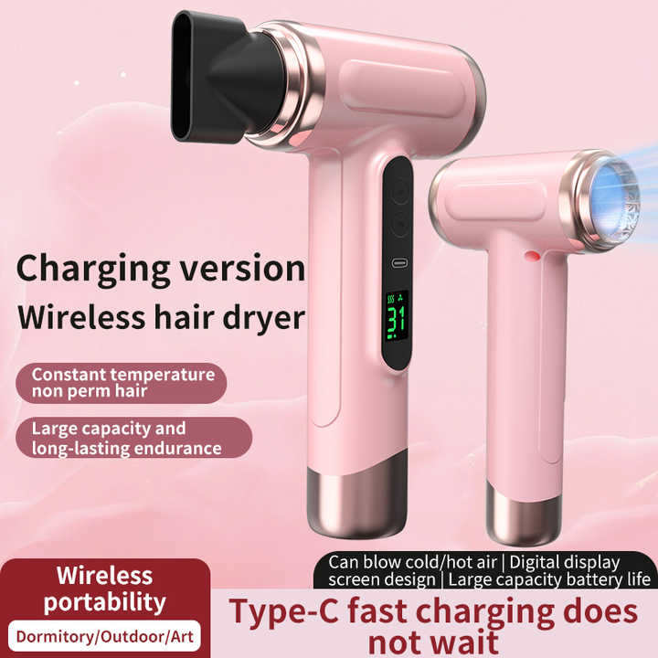 Pink wireless Hair Dryer with Cold & Hot Air, Portable Large-Capacity Rechargeable Ionic Dryer, Fast-Drying, Lightweight and Compact for Home and Travel โ image 2