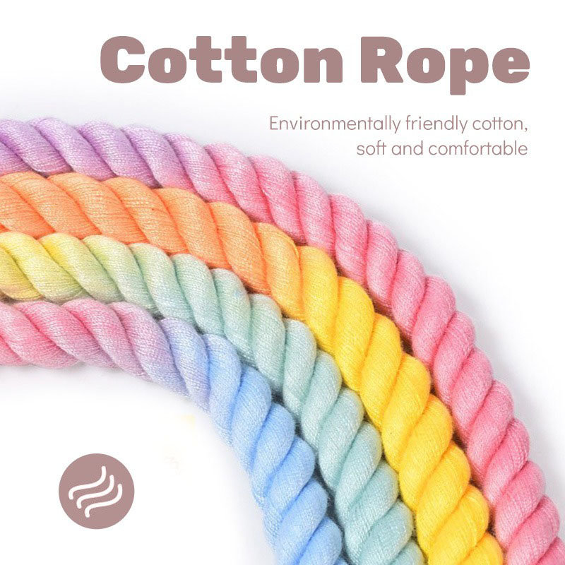 Purple Hand-Woven Rainbow Cotton Rope Dog Leash and Collar Set - Adjustable Veg-Tanned Leather Trim with Heavy Duty Metal Hardware - 150cm Training โ image 5