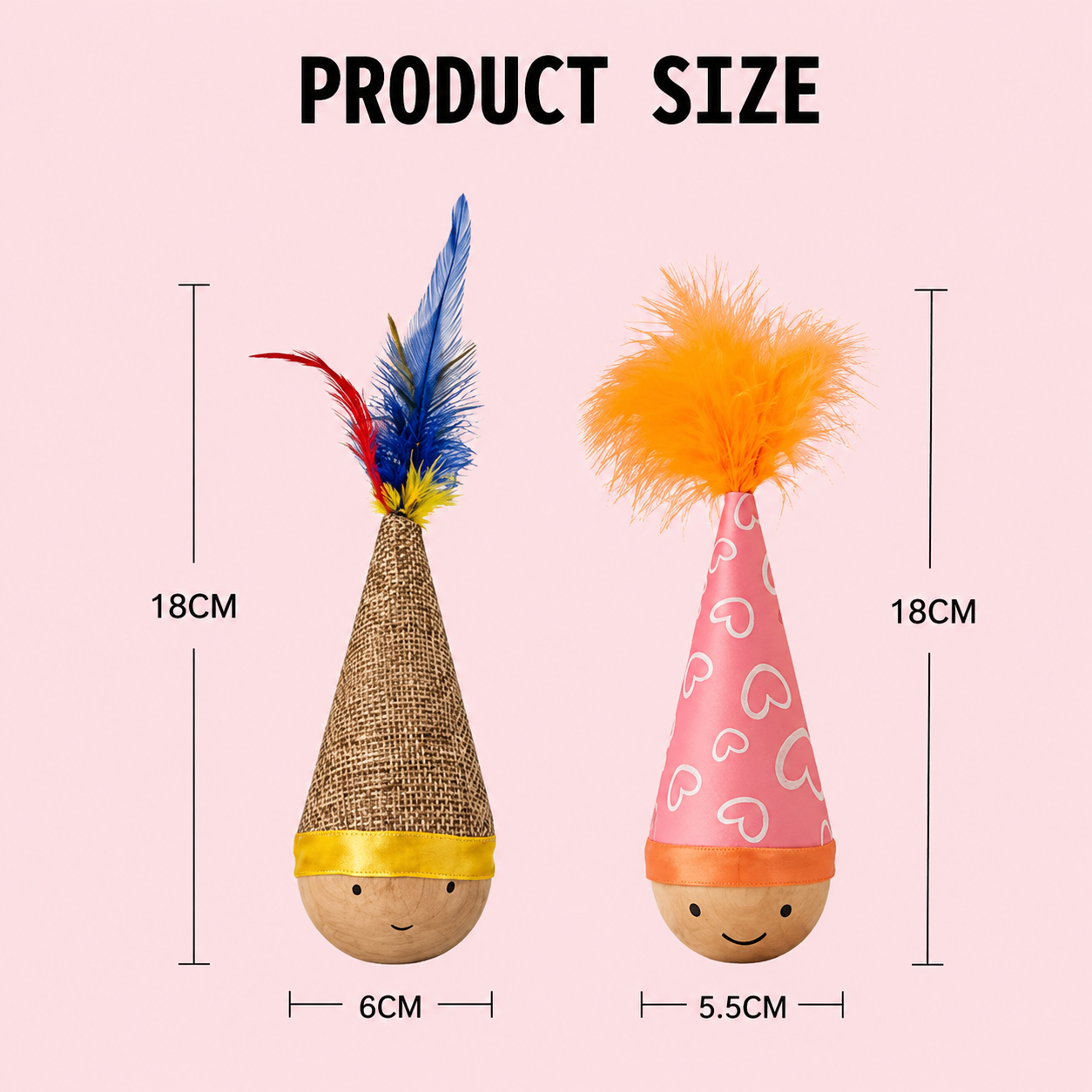 Self-Righting Pet Toy with Natural Wood Base and Durable Fabric Top, Featuring Feather Options and Playful Smile Design — image 2