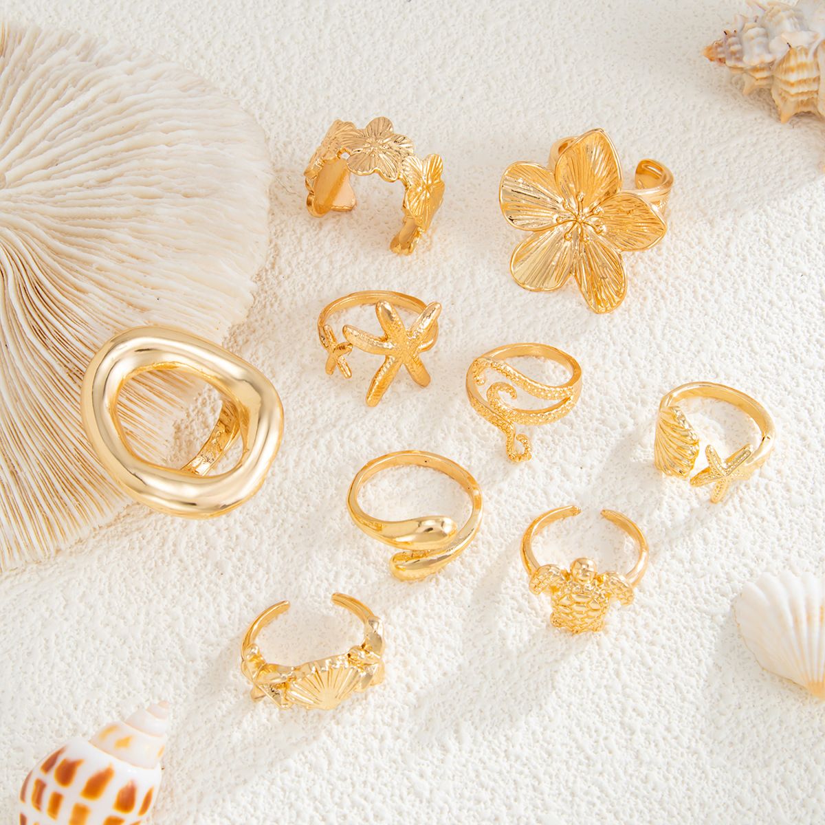 9-Piece Pale Gold Ocean-Inspired Stackable Ring Set - Metal Sea Turtle Starfish Floral Adjustable Open Finger Jewelry for Women — image 3