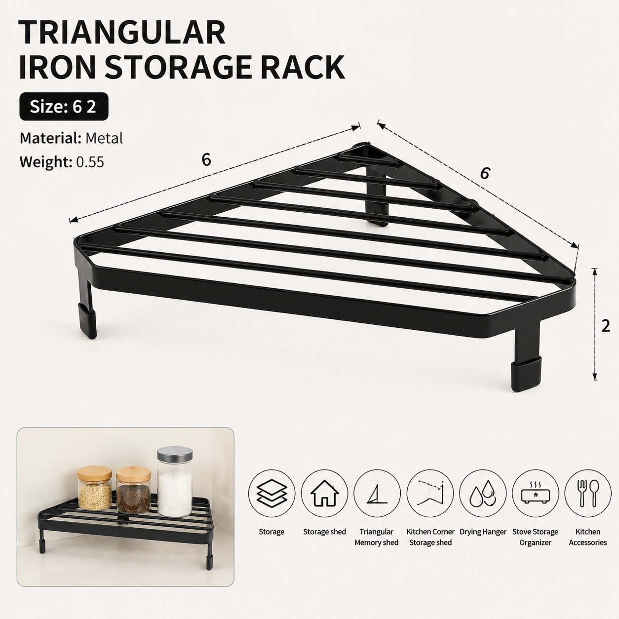1Pcs Corner Shelf & Cabinet Organizer, Iron Triangular Counter Shelf for Spice Rack Organizer, Kitchen & Bathroom β image 3