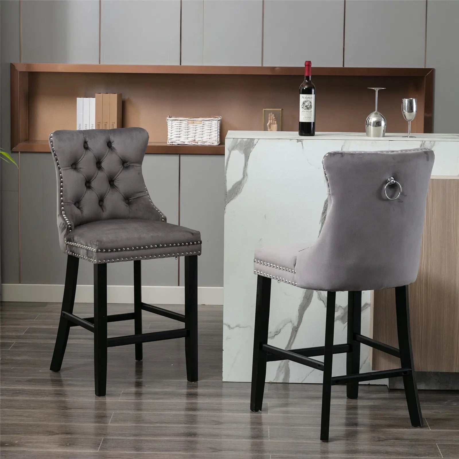 4X Velvet Bar Stools with Studs Trim Wooden Legs Tufted Dining Chairs Kitchen — image 2