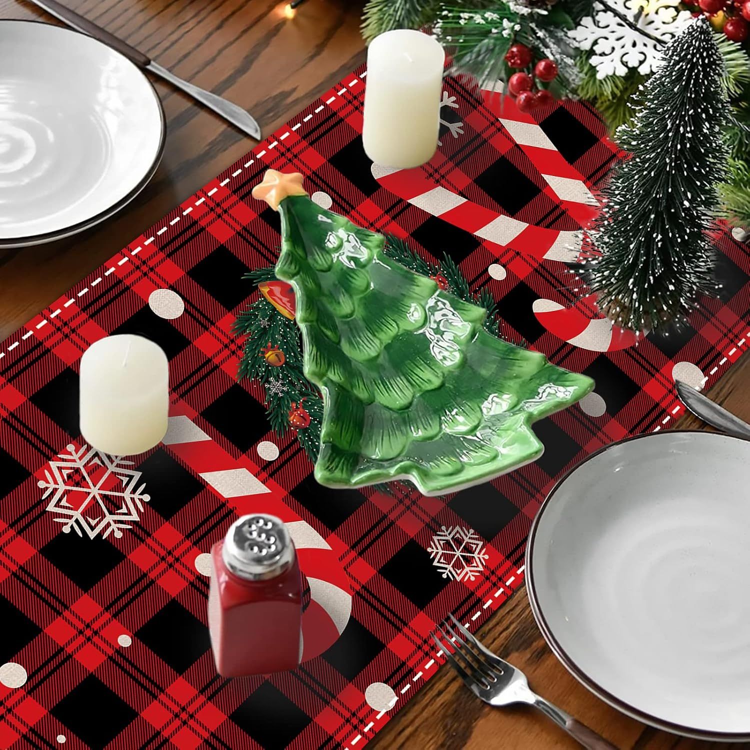Buffalo Plaid Christmas Table Runner 13" x 72" Long Linen Xmas Reindeer Table Runner Christmas Decoration, Joy — image 3