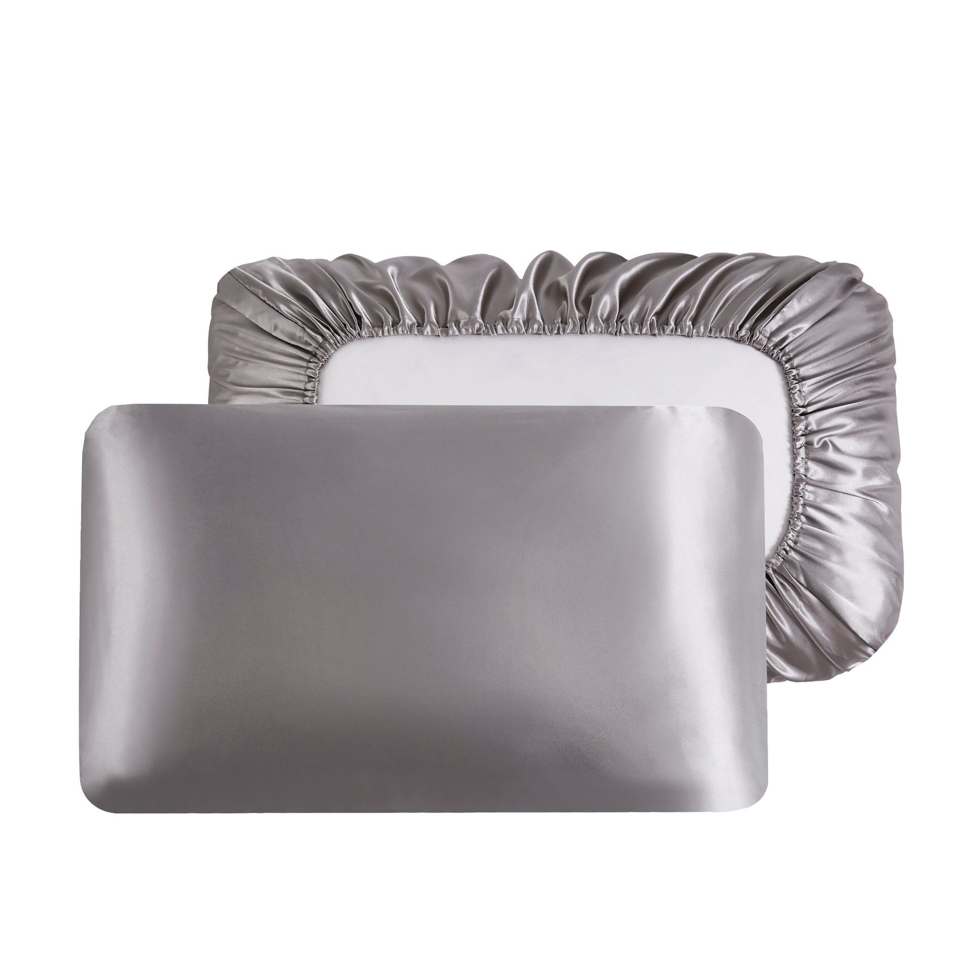 Gray Silky Satin Pillowcase Pair - Smooth for Hair & Skin, Elastic Fitted (46x70+16cm)