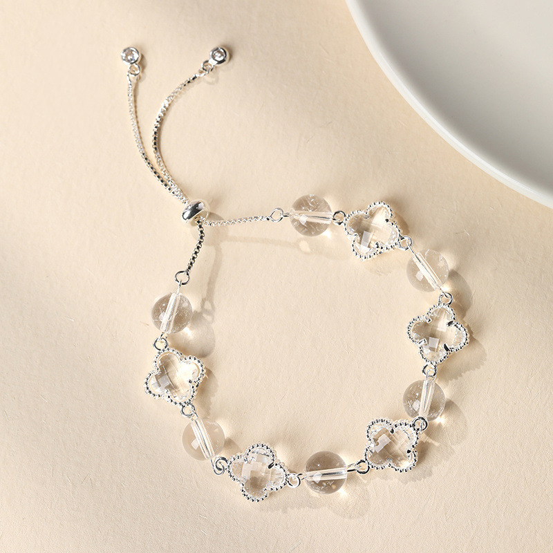Natural Clear White Crystal Four-Leaf Clover Bracelet - Elegant Adjustable Silver-Tone Bolo Jewelry for Women - Versatile Quartz Bead Charm Bracelet, Perfect
