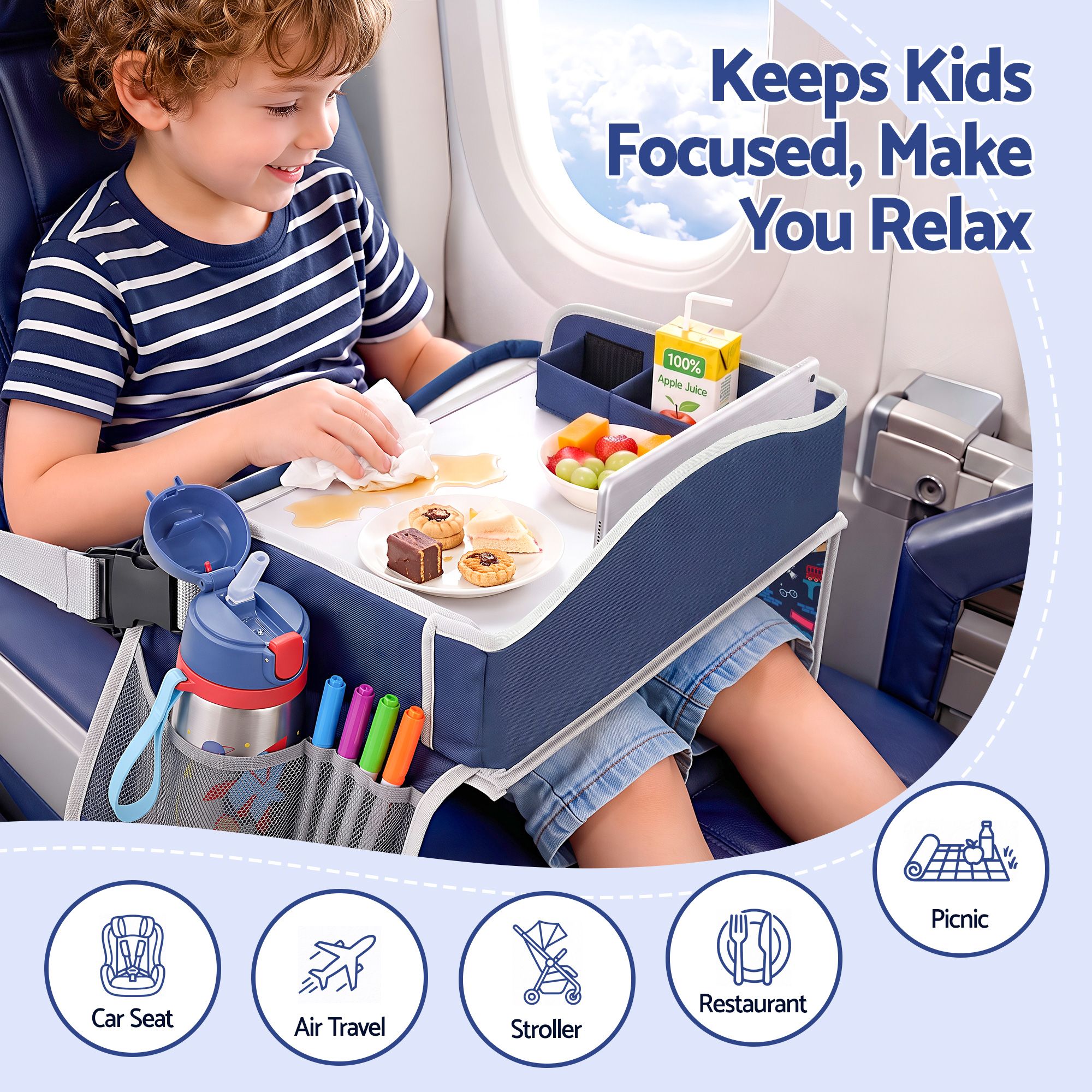 Keezi Kids Travel Tray Car Seat Lap Desk Portable Car Desk Organiser for Car & Airplane Blue โ image 5