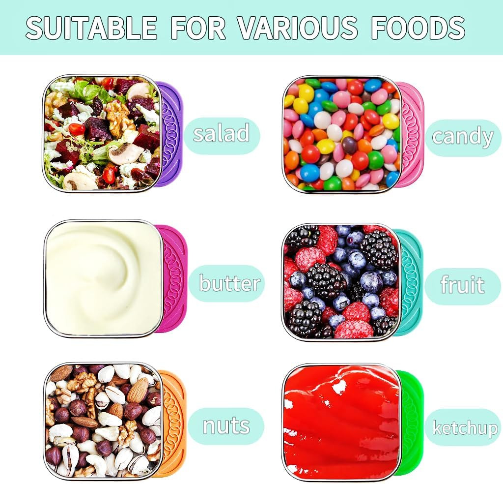 6Pack 6oz Stainless Steel Snack Containers and 2oz Salad Dressing To Go Containers with Silicone Lids, Reusable Square Meal Prep Condiment Sauce Containers — image 6
