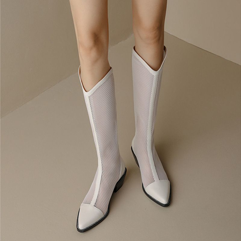 Women Mesh Long Boots Chunky Heel Hollow Apricot 39 โ image 6