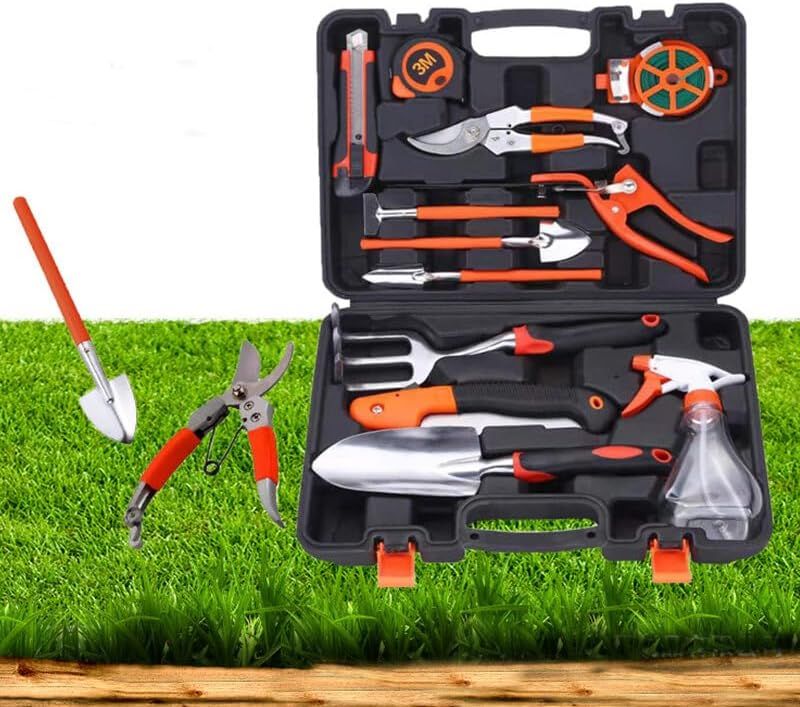 Garden Tools Set - 13 Pieces Heavy Duty Ergonomic Handle Gardening Tools with Carrying Case, Rake, Shovel, Sprayer, Pruning Saw — image 5