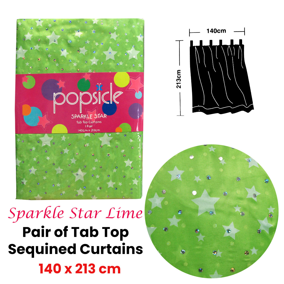 Pair of Organza Sequined Tab Top Curtains Sparkle Star Lime Green 140 x 213 cm — image 2