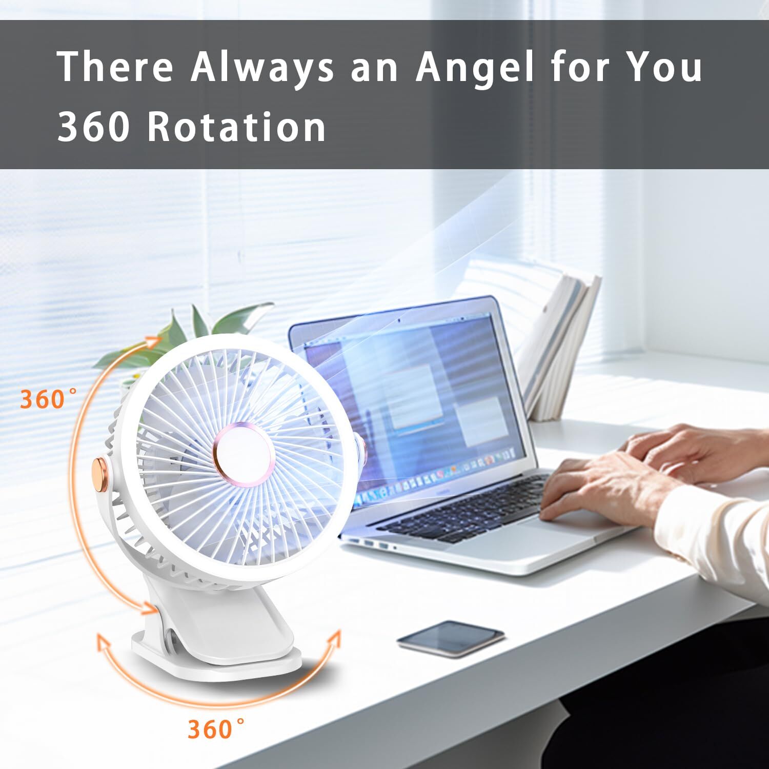 Mini Clip-on Fan with LED Light – USB Rechargeable, 360° Rotatable, 5-Speed Cooling for Desk, Bed, Camping & Travel (White) — image 2