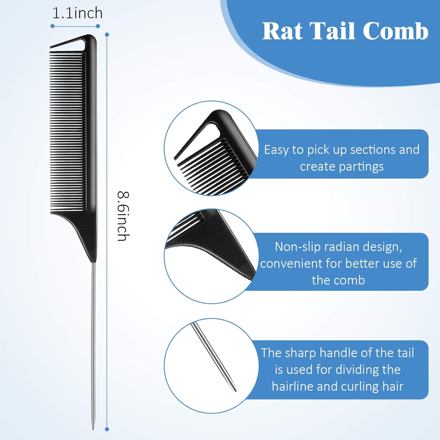 12 Pieces Rat Tail Comb Carbon Fiber Parting Set, Stainless Steel Tail Hair Comb Heat Resistant Teasing for Braid Hair Salon Home Use โ image 2