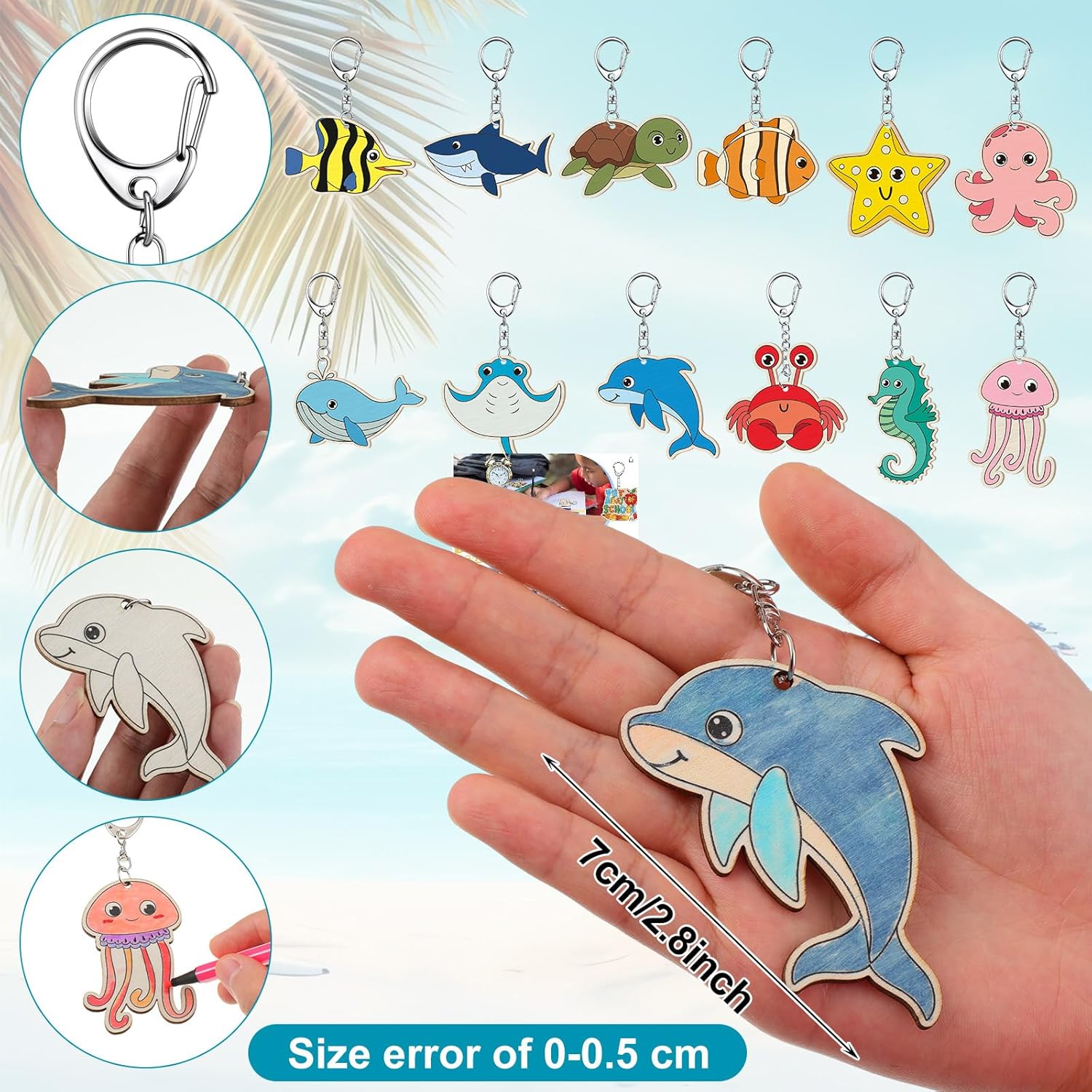 36 Pcs Sea Life Unfinished Wooden Keychains Color Your Own Unfinished Wooden Crafts Blank Wood Painting DIY Crafts for Home Activities Arts Project Decoration — image 2