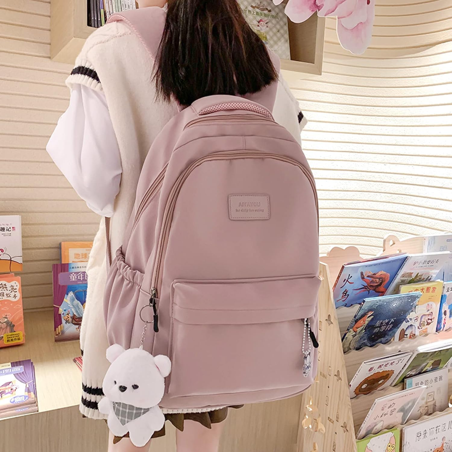 Female Lady High Capacity College Backpack Women Laptop School Bags Cute Girl Travel Book Bag Cool,Black,with Bear Doll โ image 2