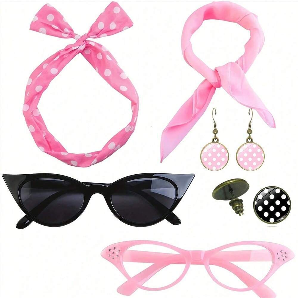 Pink 6 Piece Vintage Polka Dot Party Kit Accessories Set - 1950s Retro Costume with Cat Eye Sunglasses, Headband, Earrings, Studs and Neck Scarf for Cosplay
