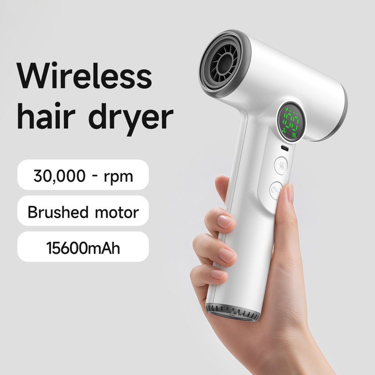 Professional cordless hair dryer - 3 speeds and 3 temperatures, USB rechargeable battery, 200W, portable with digital display for women, beach and camping — image 6