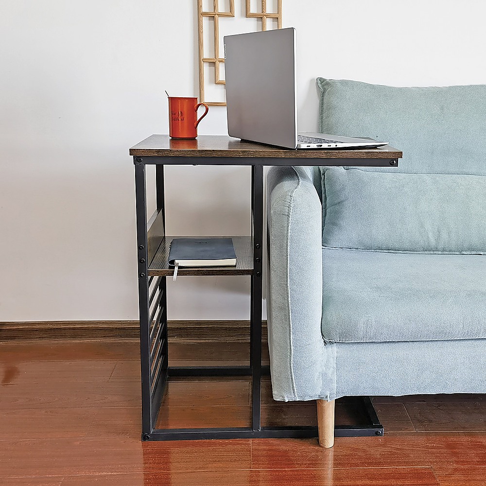 Industrial C Shaped Sofa Side Table with Wooden Shelf Couch Laptop Snack End Table โ image 2